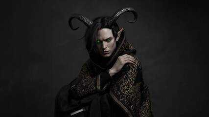 Shifting light illuminating horned elf holding crossed arms in studio, with cloak and glowing eye - Powered by Adobe