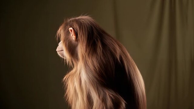 Recording camera initiating monkey rotating head showing fur texture against olive green backdrop