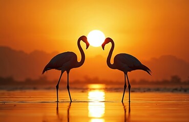 Naklejka premium Two flamingos stand in shallow water at sunset. The bright sun creates a silhouette effect with golden orange sky and reflections on the calm water.