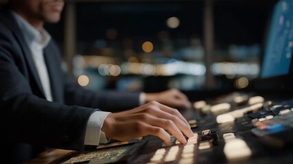 Close-up of engineer’s hands interacting with digital interface monitoring automated line sensors, symbolizing precision control, real-time industrial analytics, and high-tech factory operations. - Powered by Adobe