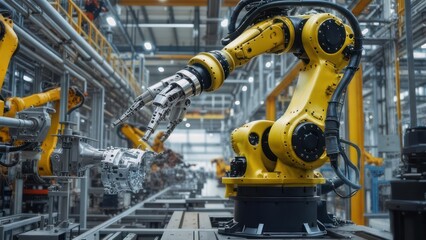 Fototapeta premium Industrial robots assemble components in a large factory. Yellow and gray robotic arms manipulate metal parts on a production line