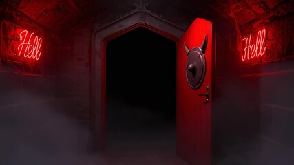 Swinging inward red horned door revealing void in stone corridor, with rolling fog, neon Hell signs - Powered by Adobe