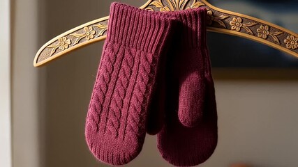 Pair of knitted mittens hangs on an ornate wooden hanger in warm, soft lighting - Powered by Adobe
