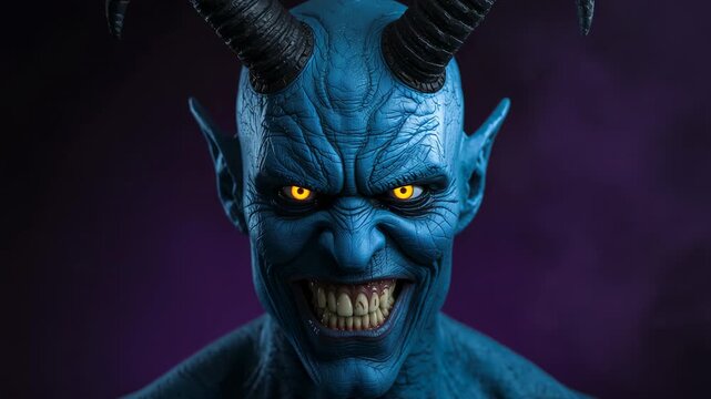 Flickering yellow light animating horned demon in dark purple background, revealing glowing pupils