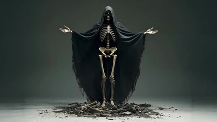 Beginning ritual, skeleton wearing tattered cloak lifting arms outward on grey floor above debris - Powered by Adobe
