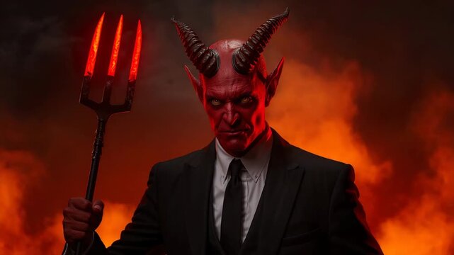 Standing horned demon wearing suit tie contact lenses, gripping glowing pitchfork in smoky studio