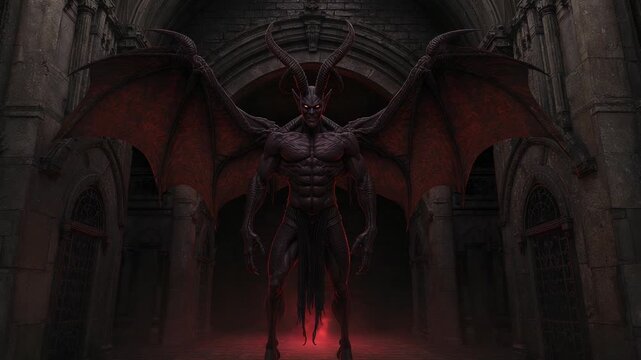 Pushing camera revealing horned demon unfolding batlike wings through gothic archway, with red mist