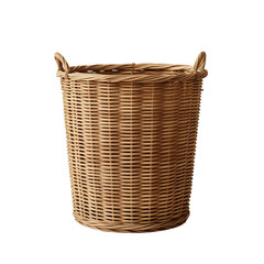 Obraz premium A rustic, round, woven wicker basket with two handles, perfect for storage or laundry, isolated on transparent background