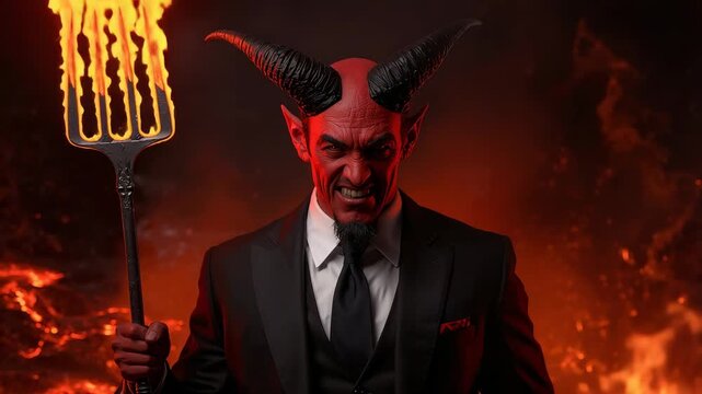 Glowing embers igniting flames on pitchfork, horned figure commanding fire in fiery cavern