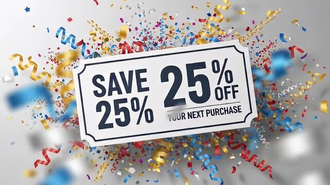 A 25% off coupon surrounded by colorful confetti and streamers against a light background