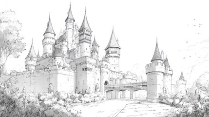 Naklejka premium Elaborate pencil sketch of a grand, multi-turreted castle with a stone bridge
