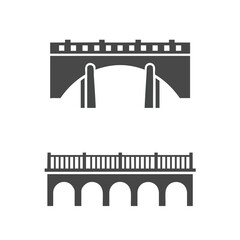 Two classic arched bridge silhouettes in a dark grey vector graphic style featuring different architectural designs and parapets.