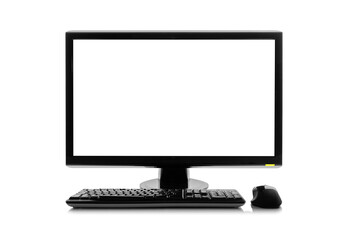 A computer monitor with a blank white screen, a keyboard, and a mouse on a white background