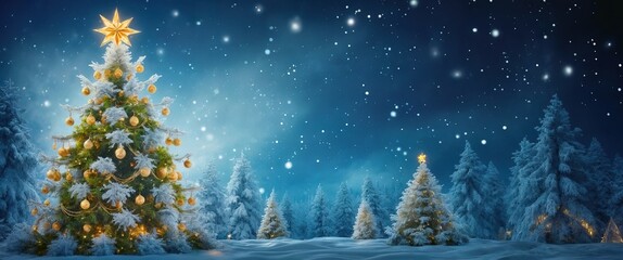 Festive winter scene: decorated Christmas tree, golden ornaments, snow-covered trees, soft snow, shimmering night sky. Perfect for holiday banner.