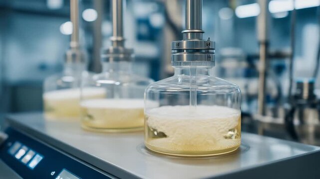 Fermenters grow cultures in a biotechnology facility, with agitators stirring, pH probes monitoring, gas lines bubbling, and harvest ports ready, captured in a bubbling photo with bubble trails,