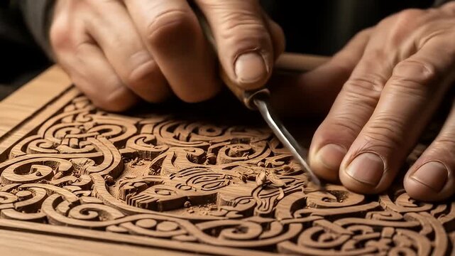 Hands carefully carve intricate Celtic knotwork into a wooden board with a sharp chisel