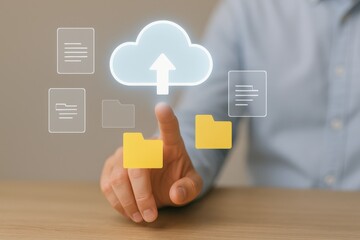 A Person Uploading Files to the Cloud with Digital Documents and Folders Representing Modern Technology and Data Management Concepts