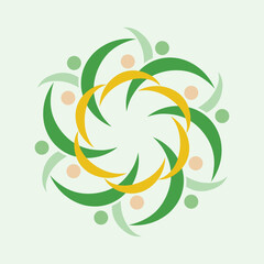 Colorful abstract teamwork and community spiral logo design. Vector illustration of people in a circular mandala pattern, symbolizing unity, diversity, partnership, support