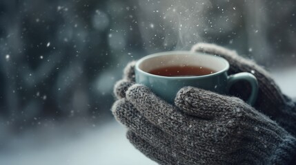 hands holding a steaming cup of tea in wool mittens