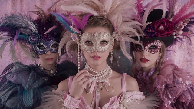 Camera starting filming three women standing still in triangle at sequin backdrop showcasing masks