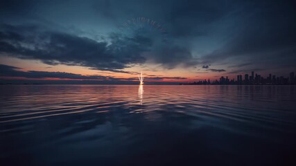 After pause firework bursting golden burst over calm water at dusk, city skyline and drifting smoke - Powered by Adobe