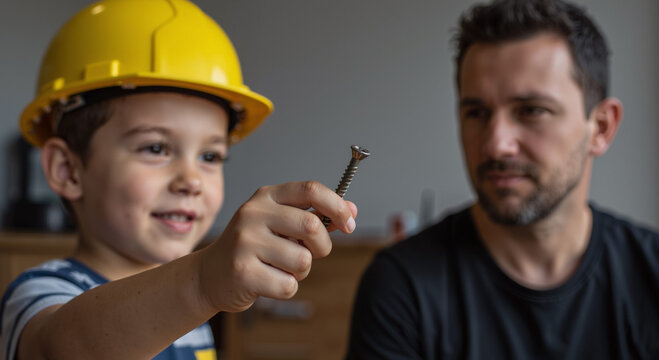 child wearing hard hat showing a screw to an adult man indoors, learning and teamwork concept