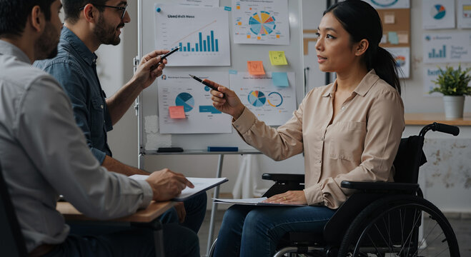 diverse team collaborating on business strategy in modern office setting, discussing charts