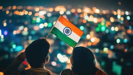 A couple holding the Indian national flag, symbolizing patriotism and unity