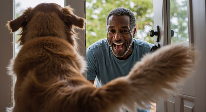 joyful reunion between man and golden retriever at home doorway on a bright sunny day - Powered by Adobe