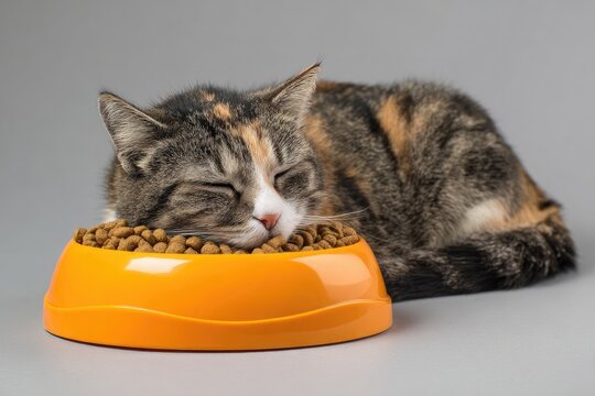 Cat sleeping peacefully in a bright orange bowl full of dry food - Powered by Adobe