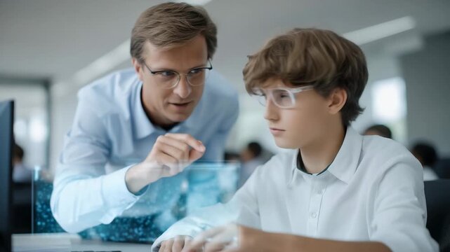 Futuristic study room with digital assistant hologram guiding a student through learning tasks, projecting interactive data, and offering personalized support, symbolizing AI in education and