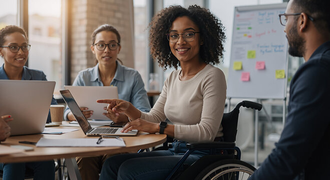 diverse team in modern office discussing project around table with technology