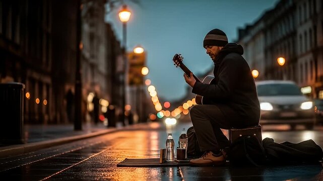 A street musician plays guitar on a wet city street at dusk, with blurred city lights