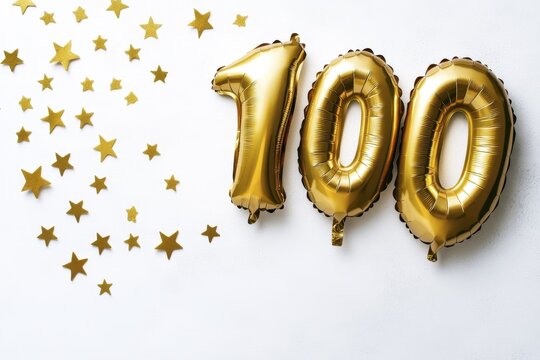Golden 100 balloons with star confetti on white background - Powered by Adobe