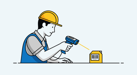 Warehouse worker scanning barcode on package with scanner  