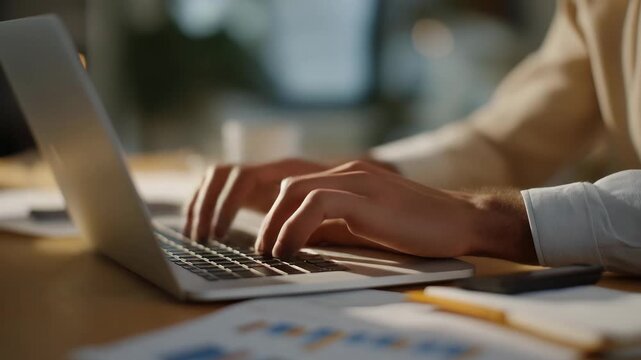 Hands typing quickly on a laptop surrounded by organized notes, digital charts, and a smartphone, symbolizing productivity concept, time efficiency, multitasking skills, and the balance of modern