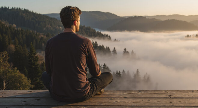 contemplative young man sitting on mountain deck overlooking foggy forest at sunrise
