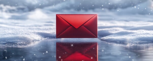 Red envelope resting on a reflective icy surface in a snowy winter landscape, symbolizing holiday greetings and seasonal communication