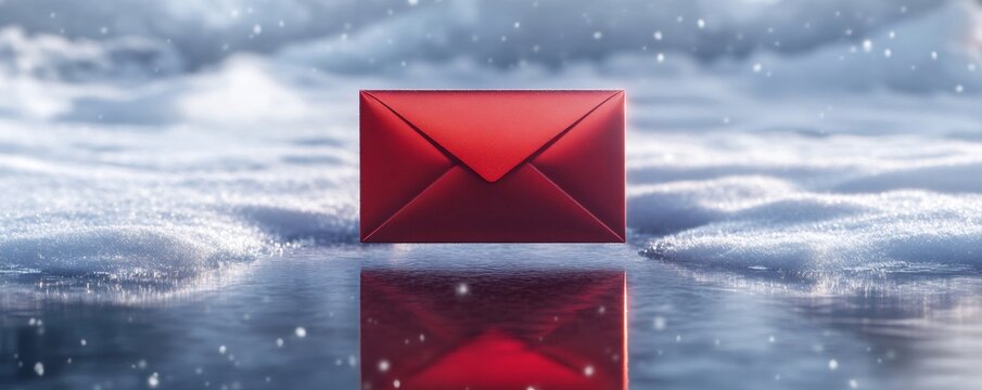 Red envelope resting on a reflective icy surface in a snowy winter landscape, symbolizing holiday greetings and seasonal communication