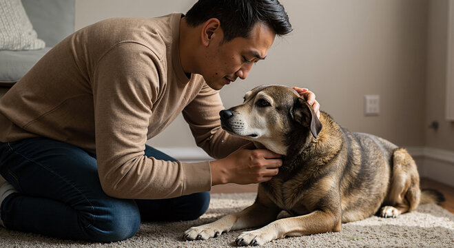 asian man bonding with his dog at home showing comfort and companionship in cozy setting