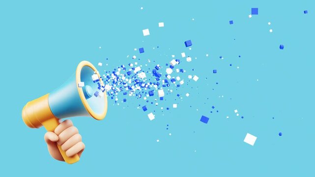 3D Megaphone on hand with bursting cube confetti against turquoise background