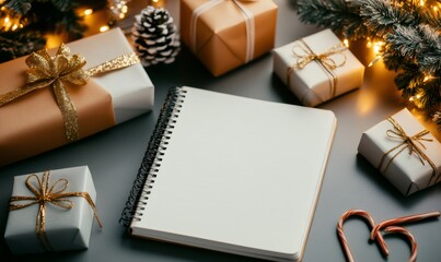Christmas gifts and decorations surrounding a blank notebook for holiday wish list planning and festive celebration