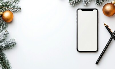 Smartphone with blank white screen on a white surface, decorated with snowy pine branches and golden baubles, next to a fountain pen