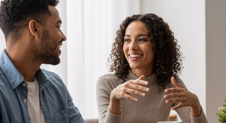 young couple engaging in lively conversation over coffee at a cozy cafe with natural light