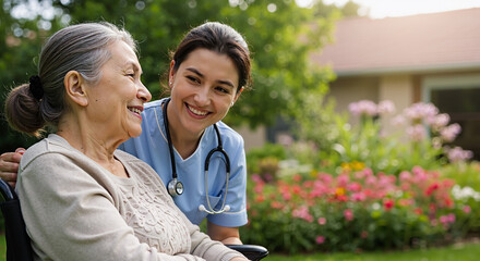 compassionate healthcare worker assisting happy elderly woman in outdoor garden