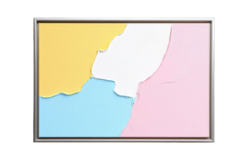 Abstract textured artwork with pastel color blocks of yellow, white, light blue, and pink, framed and isolated on transparent background
