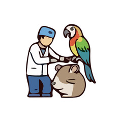 Illustration of a veterinarian caring for various types of pets and wildlife. Colorful vector images show veterinarian activities such as examining, administering injections, and treating animals such