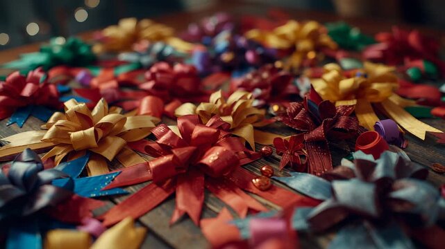 Camera shifting focus and panning across tabletop revealing ribbon bows celebrating festive mood