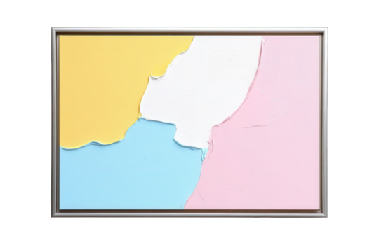 Abstract textured artwork with pastel color blocks of yellow, white, light blue, and pink, framed and isolated on transparent background
