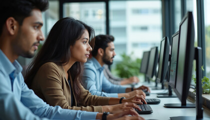 South Asian professionals work together in modern office environment, focused on computer screens. Colleagues collaborate on tech project, discussing ideas at workstations. Diverse team uses modern